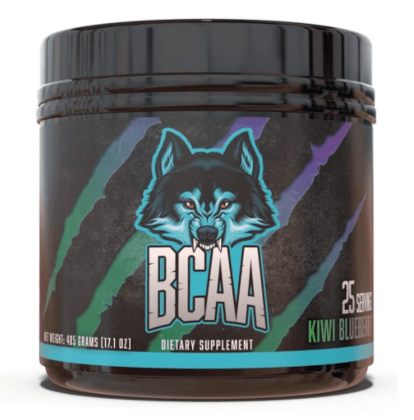 BCAA label, blue and black bottle