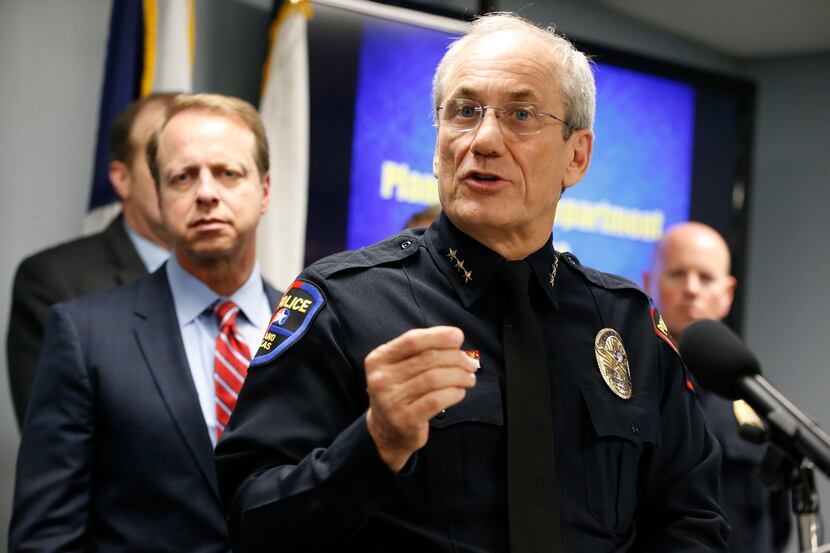 Plano Police Chief Gregory W. Rushin answers questions during a news conference Friday after...