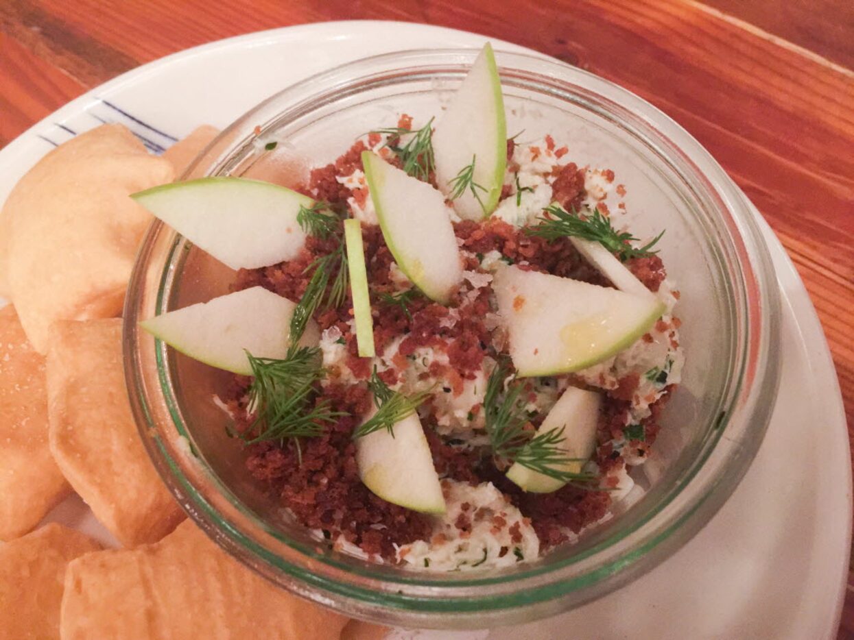 Filament's deviled shrimp and crab with black-butter bread crumbs, apple and house-made...