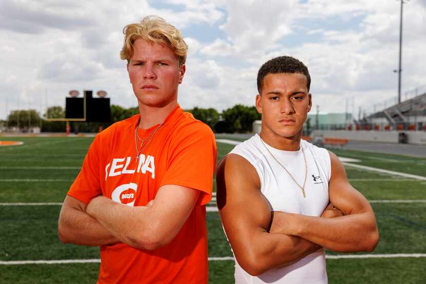 Celina quarterback Noah Bentley (left) stands with running back Gabe Gayton at Celina High...