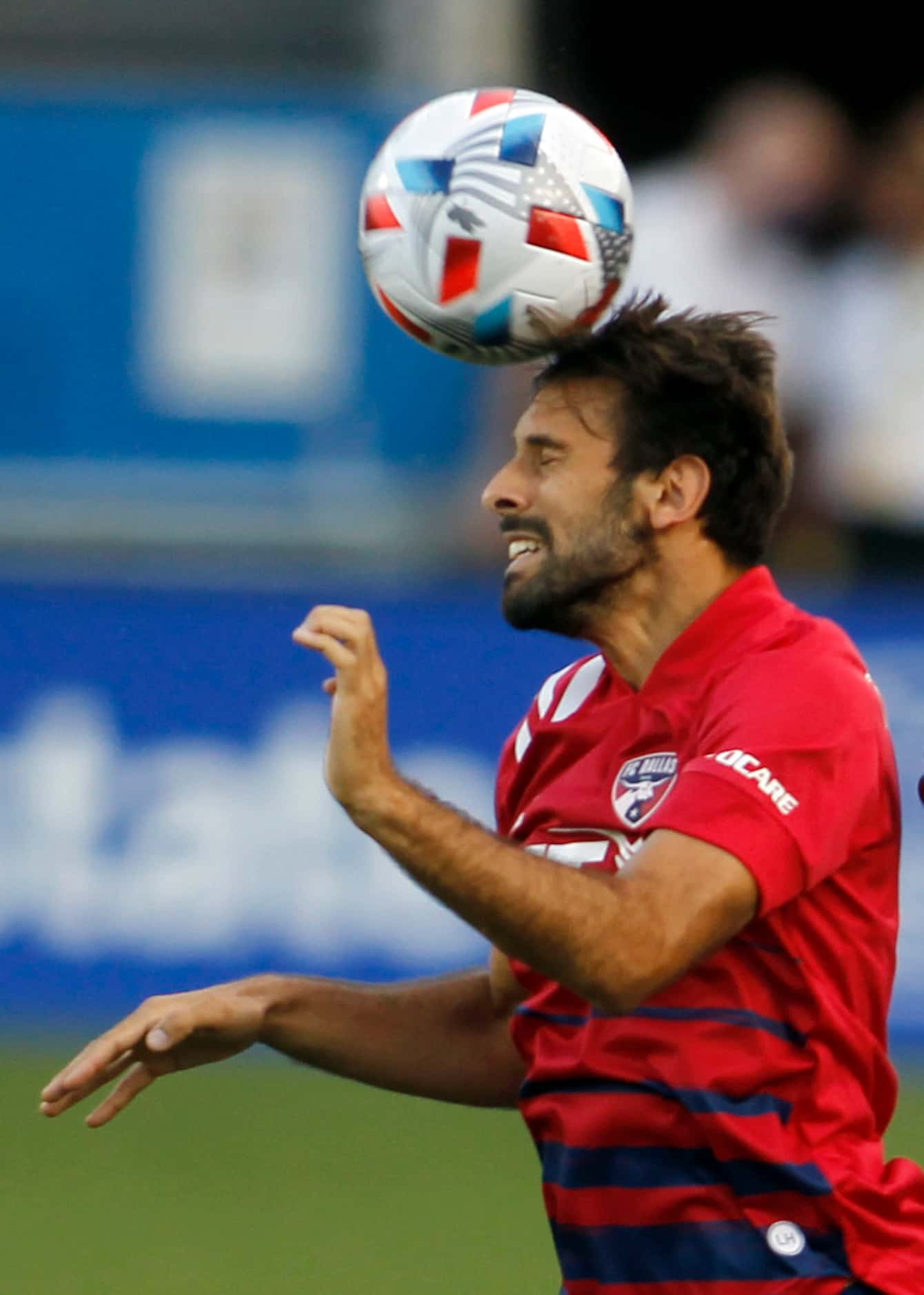FC Dallas midfielder Facundo Quignon (5) heads the ball toward a teammate during the first...