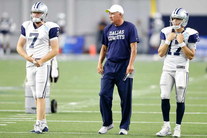 FILE - Cowboys quarterback Cooper Rush (7), quarterbacks coach Wade Wilson and quarterback...