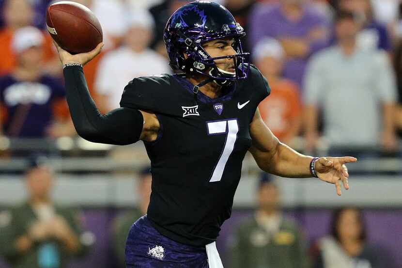FORT WORTH, TX - NOVEMBER 04:  Kenny Hill (7) of the TCU Horned Frogs throws a pass in the...