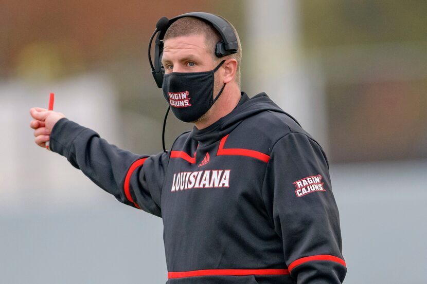 Louisiana-Lafayette head coach Billy Napier reacts to a call in the first half of an NCAA...