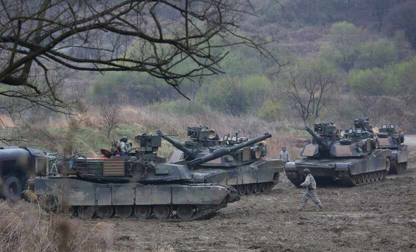 U.S. Army tanks conduct a military exercise in Paju, South Korea, near the border with North...
