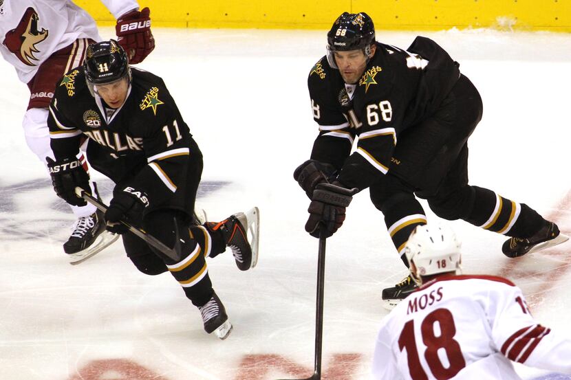 Dallas' Derek Roy (11) and jaromir Jagr (68) are pictured during the Phoenix Coyotes vs. the...