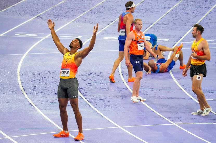 Silver medalist Leo Neugebauer of Germany celebrates after the men’s decathlon 1500-meter...