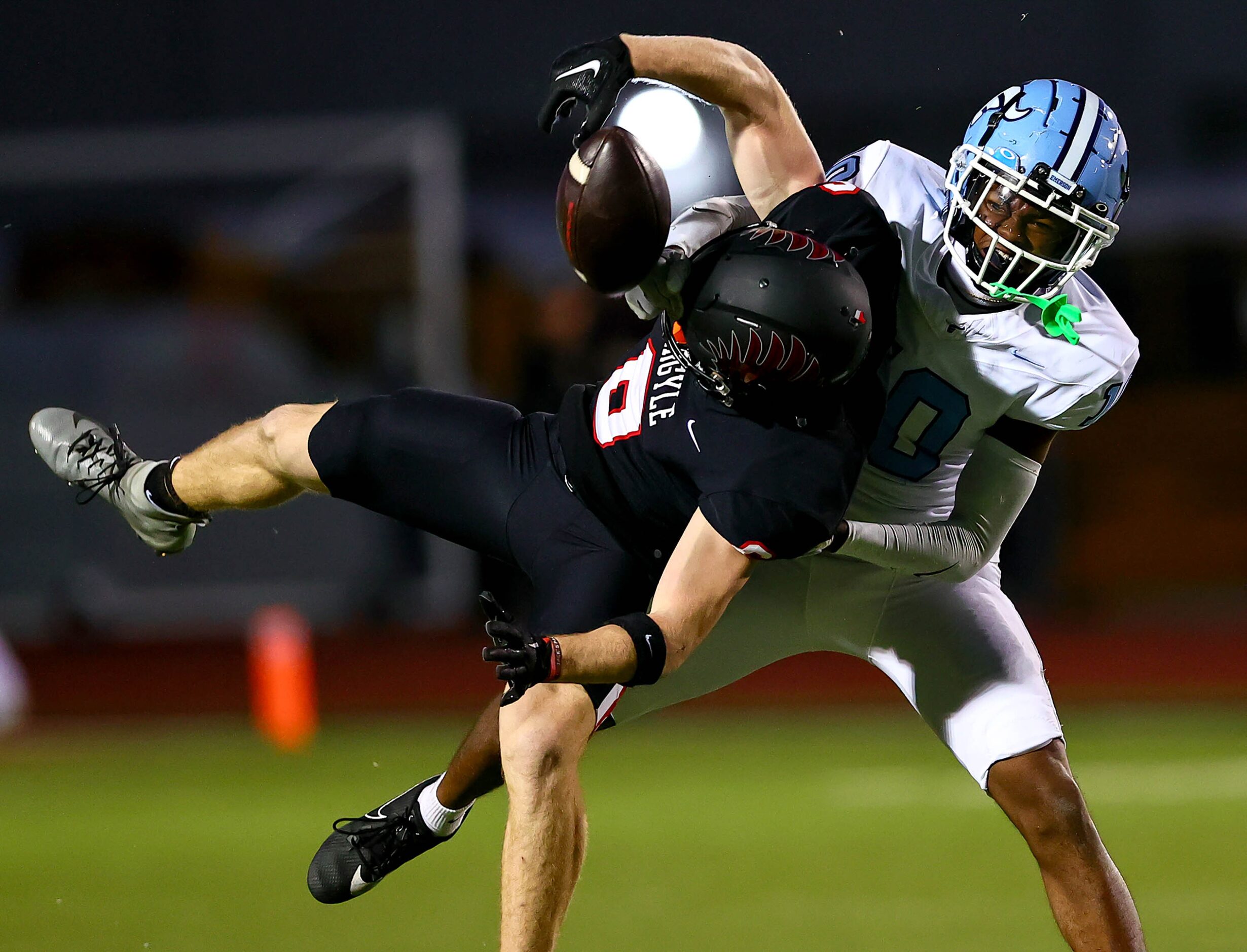 Frisco Emerson defensive back Kennedy Breedlove (10) defends a pass intended for Argyle wide...