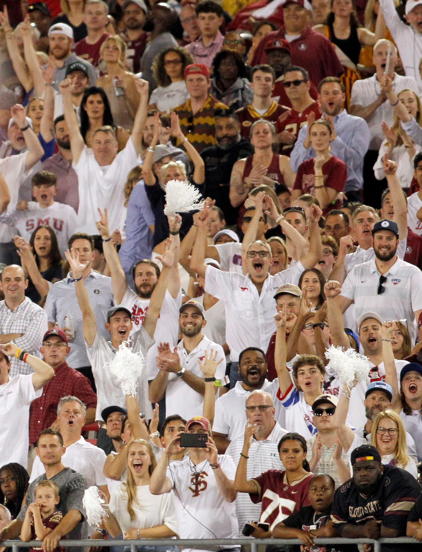 SMU Mustangs fans react with energy as receiver Jordan Hudson (8) pulls in a touchdown catch...