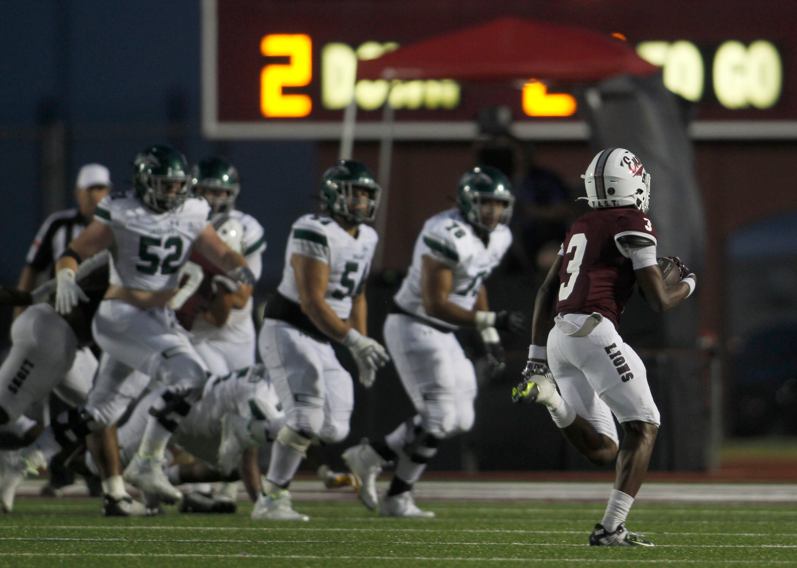 Ennis defensive back Ketrevious Tarrant (3) sprints to the end zone for a touchdown after...