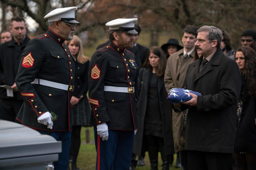 Laurence Fishburne, from left, Bryan Cranston and Steve Carell in a scene from "Last Flag...