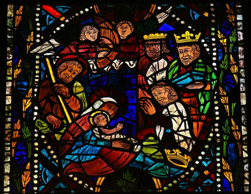 This 400-year-old stained-glass window depicts a Nativity scene with the three Magi from the...