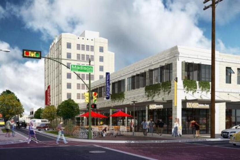 
The 86-year-old Jefferson Tower, shown in a rendering, is being renovated into shops,...