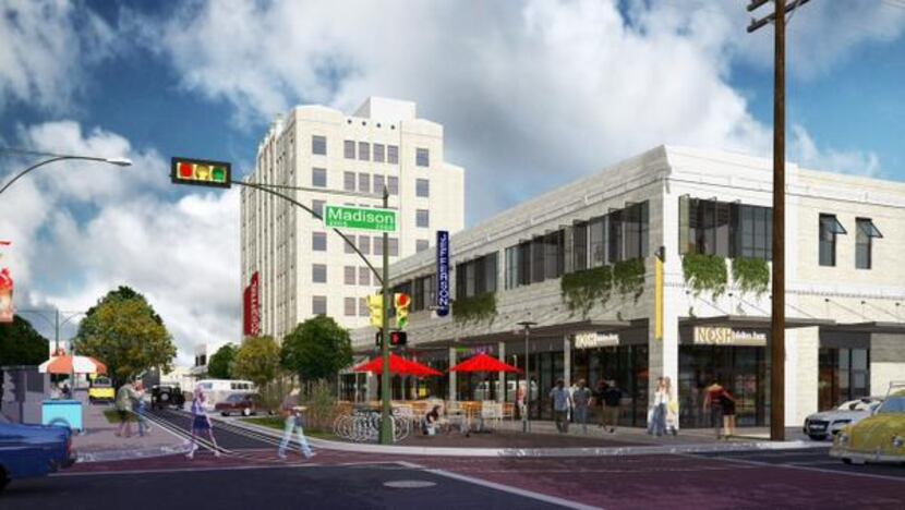 
The 86-year-old Jefferson Tower, shown in a rendering, is being renovated into shops,...