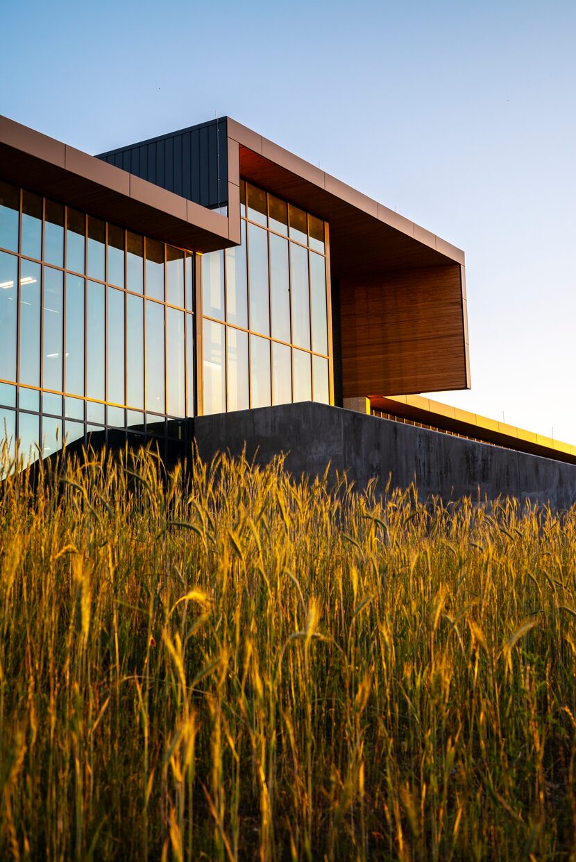 A view of the windows and columns on the back portion of The Singing Hills Recreation Center...