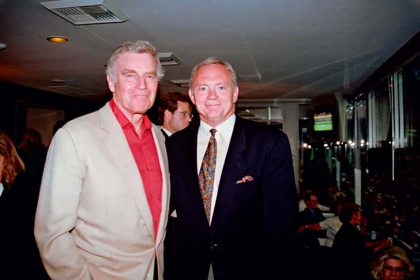 Charlton Heston in Jerry Jones Texas Stadium suite on the same day as Donald Trump and his...