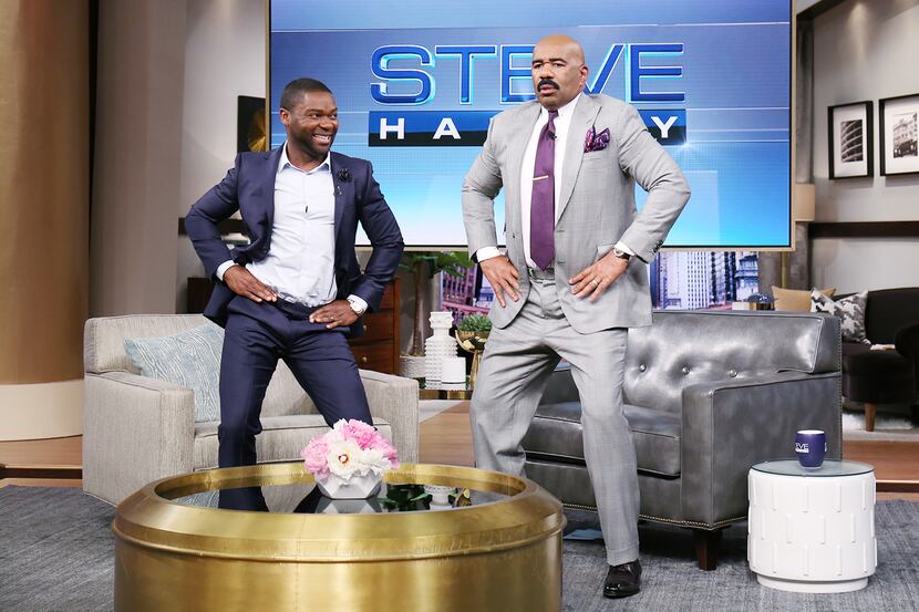 Actor David Oyelowo and host Steve Harvey do a little dance on the show that airs Monday,...