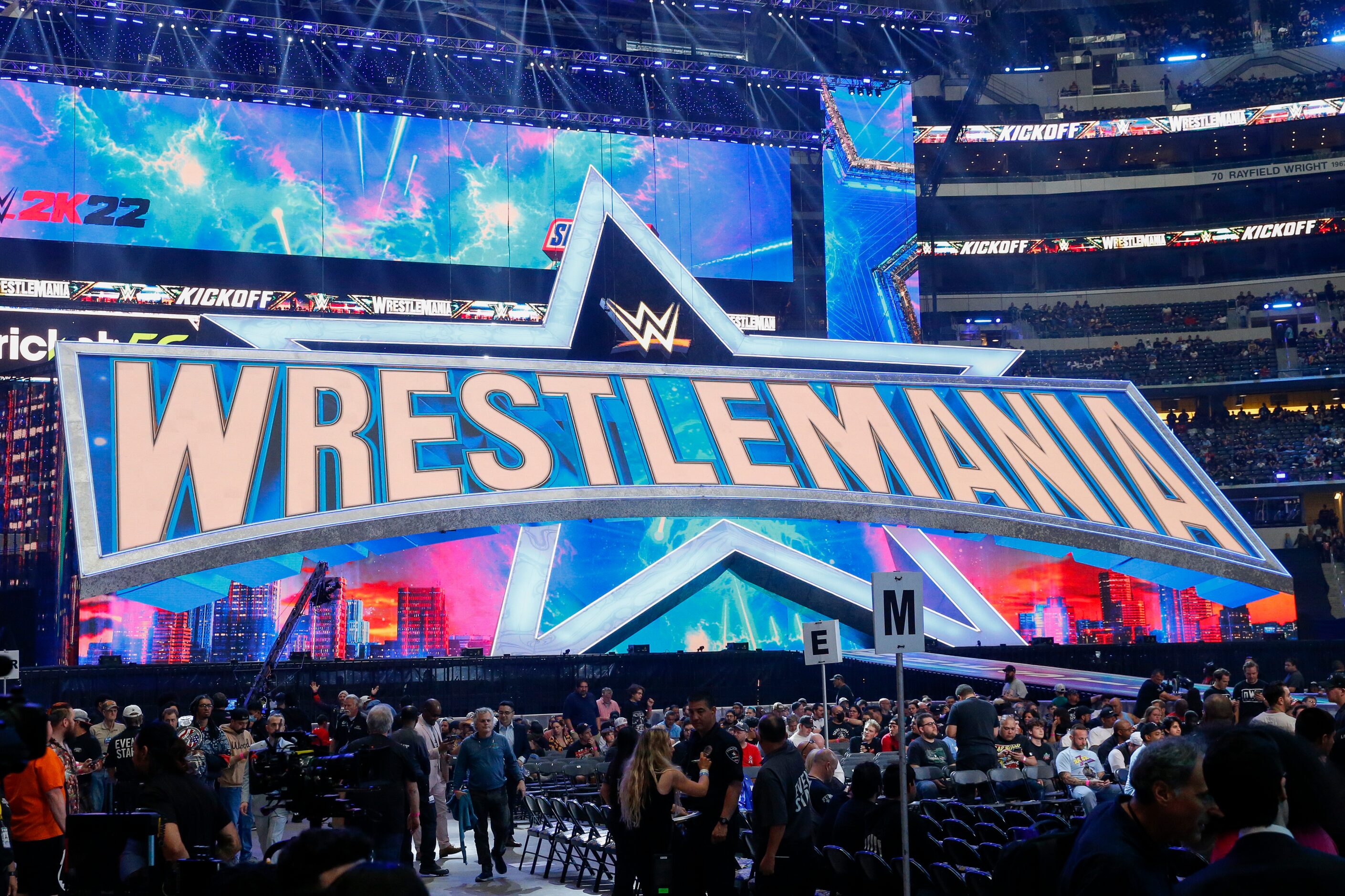 The walkout stage pictured before WrestleMania 38 at AT&T Stadium in Arlington, Texas,...