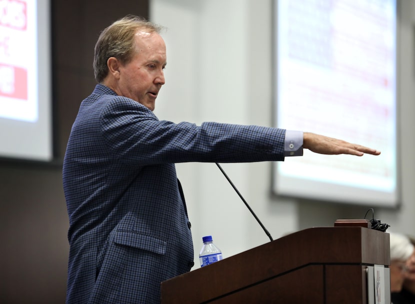 Ken Paxton speaks during the GOP County Executive Meeting at the Collin College Conference...