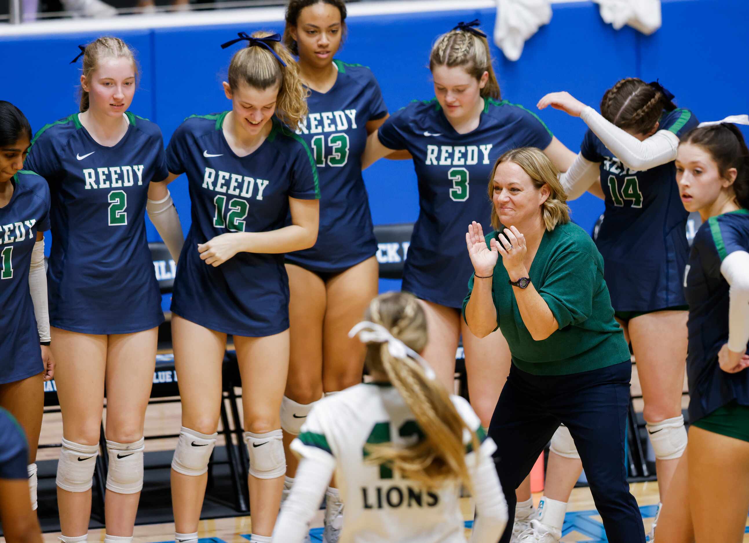 Frisco Reedy’s head coach Katie Rudd cheers her team on against Frisco Wakeland during the...