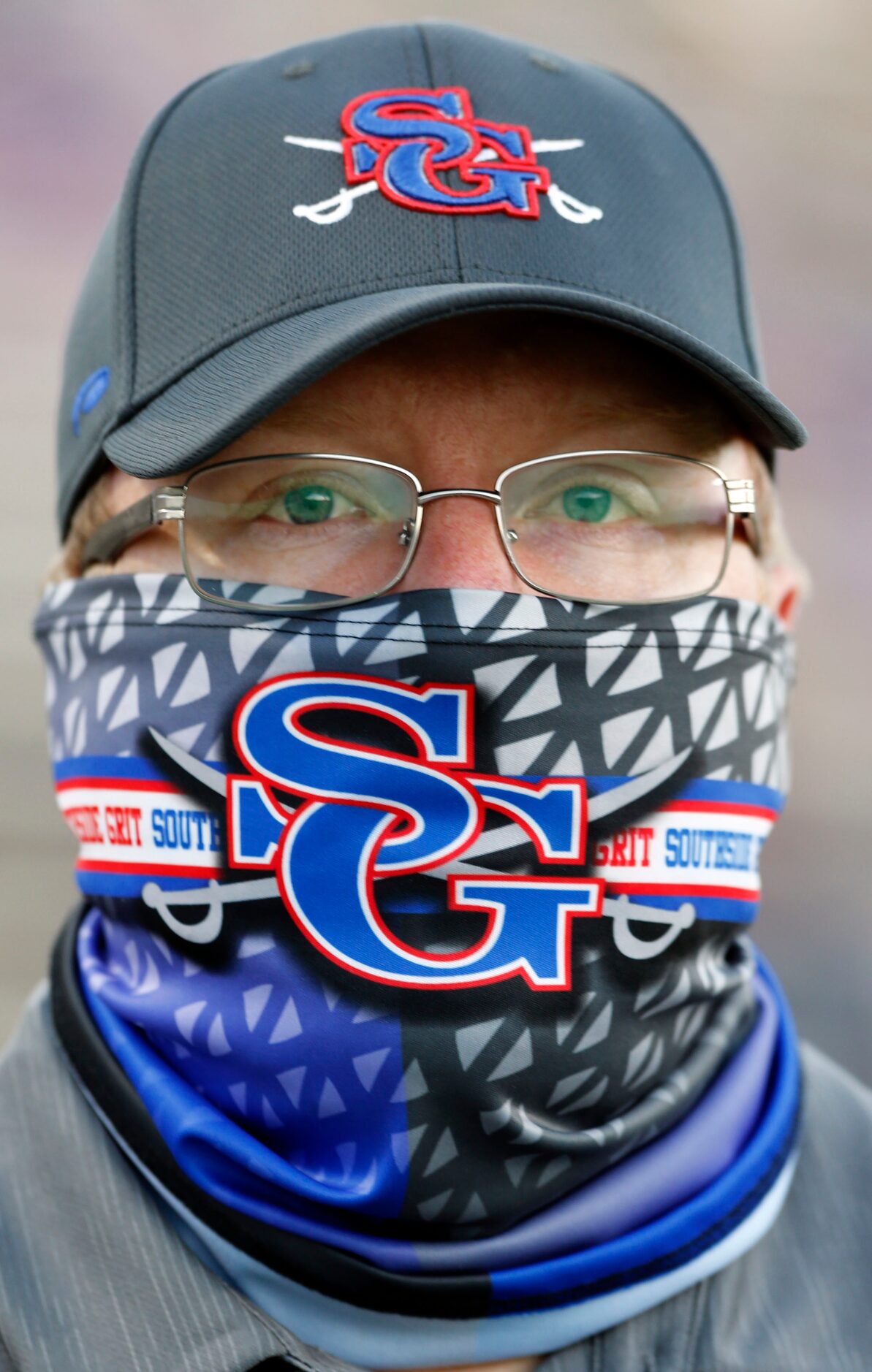 South Garland’s Brandon Benda sports a custom team gator before the start of the first half...