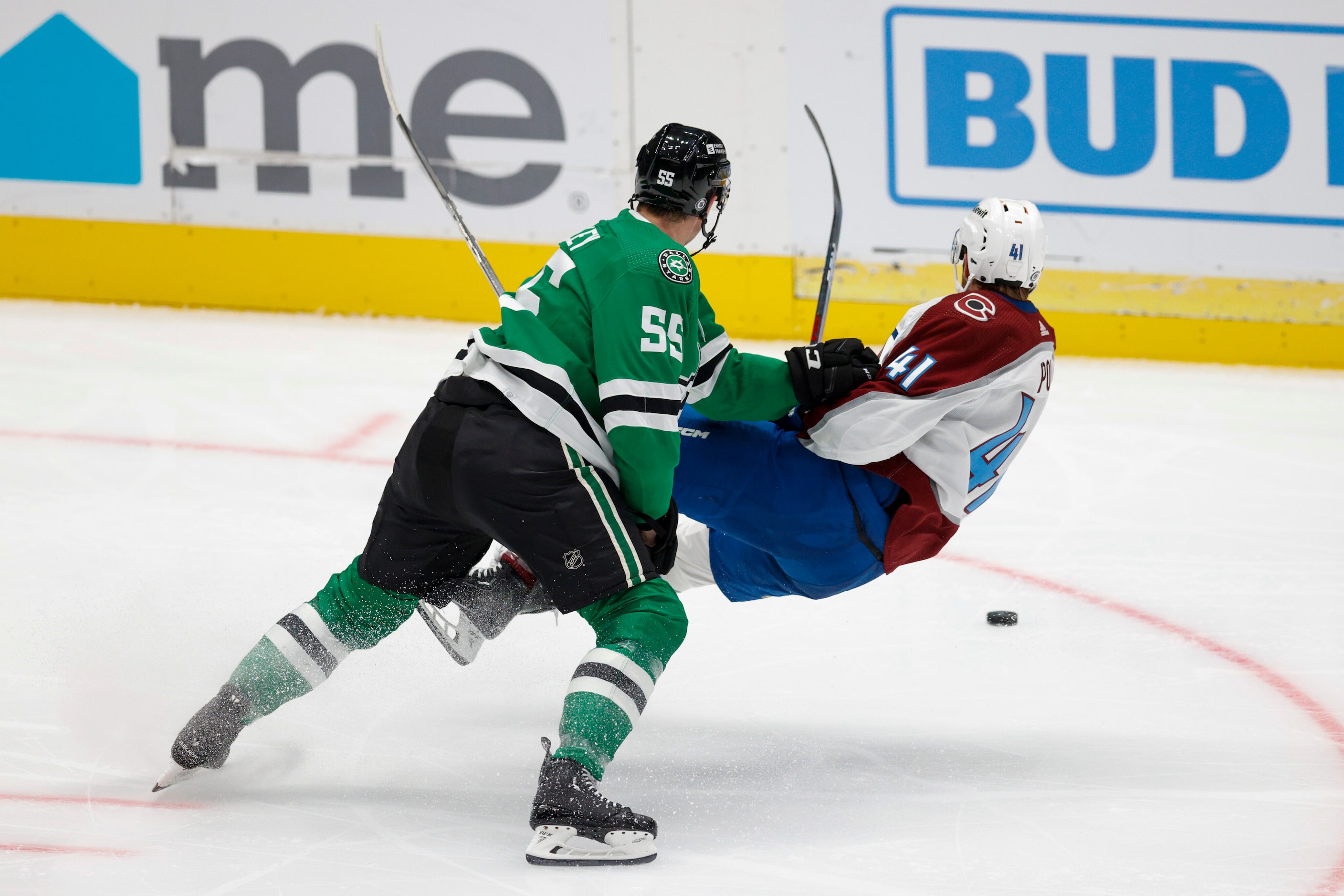 Dallas Stars defenseman Thomas Harley (55) hits Colorado Avalanche right wing Jason Polin...