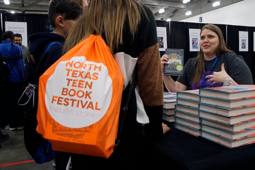 Mary Hinson gives book descriptions to students at the North Texas Teen Book Festival at the...