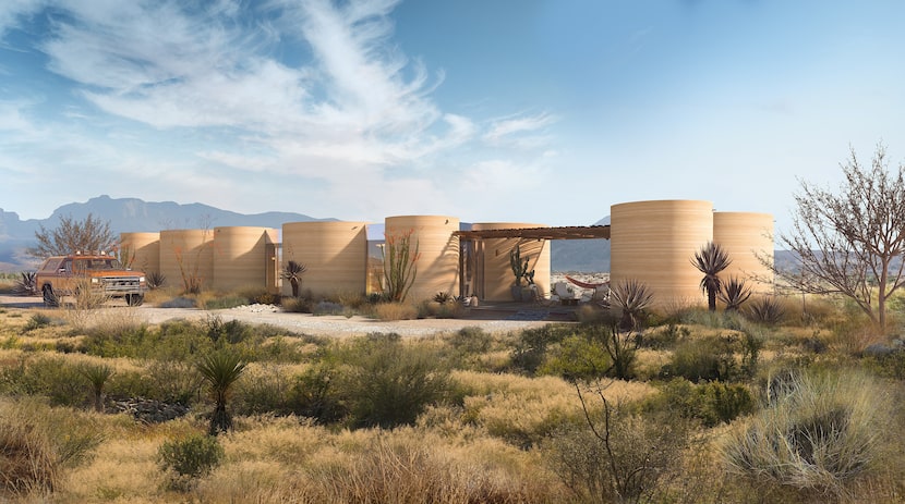 A rendering of a 3D-printed residence at El Cosmico hotel and campground in Marfa, Texas,...