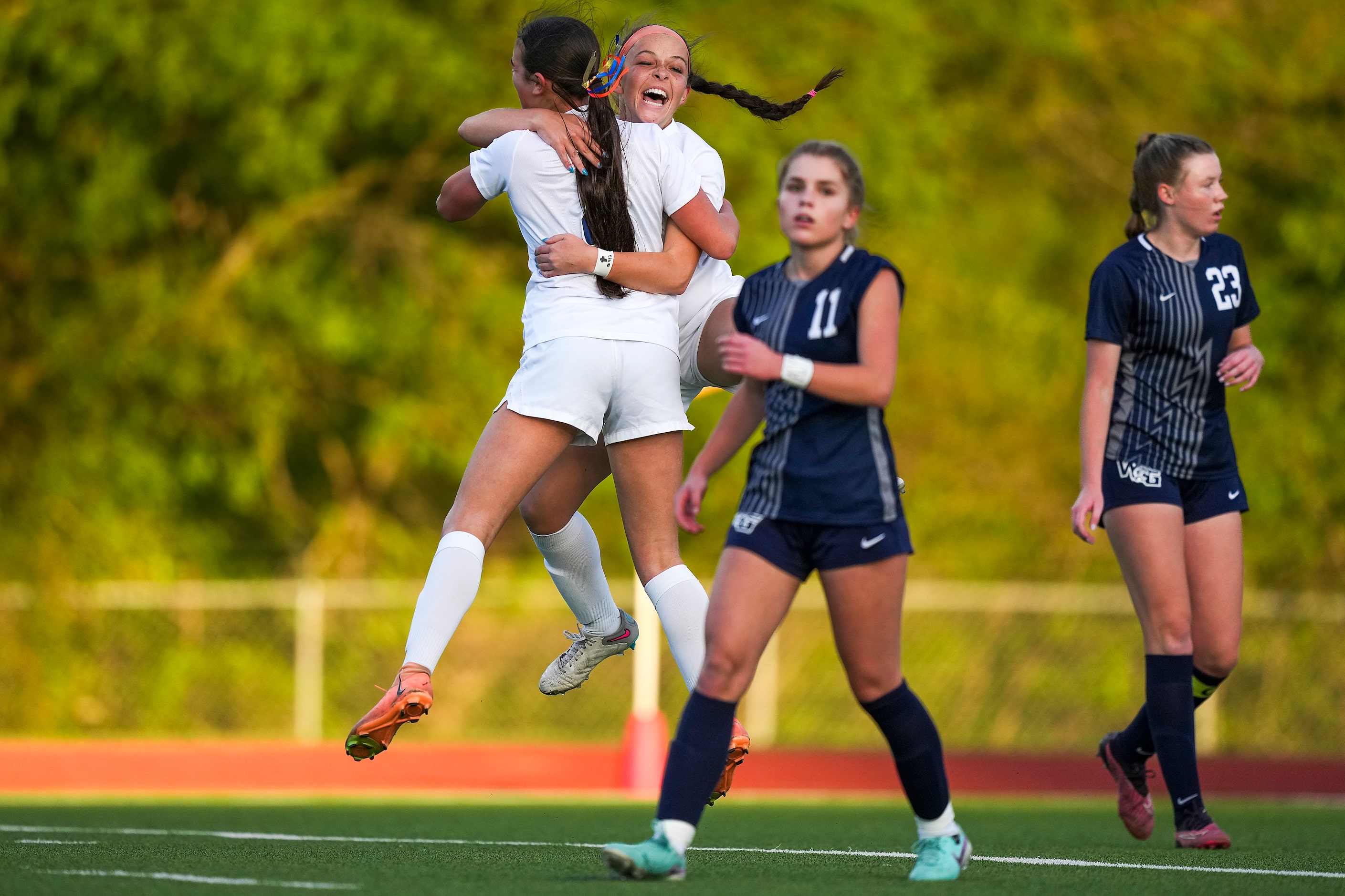 Frisco Wakeland’s Finley McKnight (facing) celebrates with Dilan Pistorius after Pistorius...