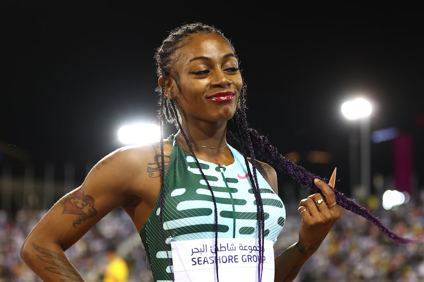 Dallas' Sha'Carri Richardson celebrates after winning the Women's 100m final  during the...