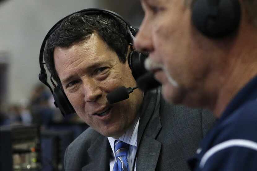 Chuck Cooperstein broadcasts before the game between the Dallas Mavericks and the Portland...
