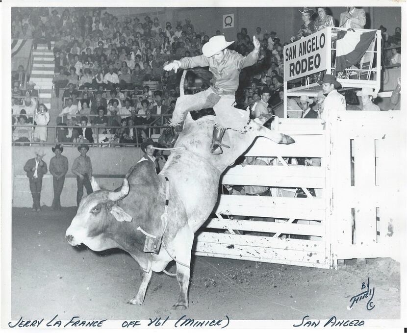 Cowboy Jerry La France is bucked off of V61, one of Billy Minick Rodeo Company's most famous...