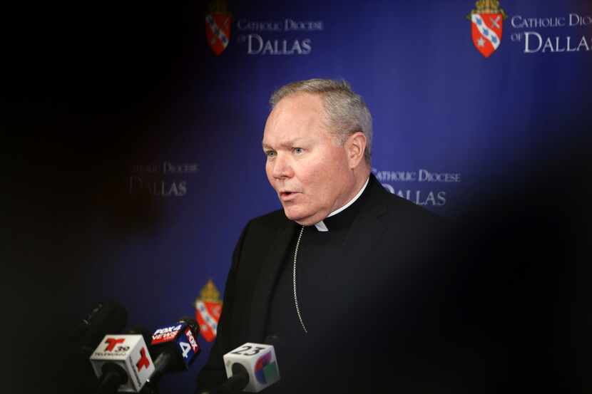 Dallas Bishop Edward Burns speaks during a press conference at the Catholic Diocese of...
