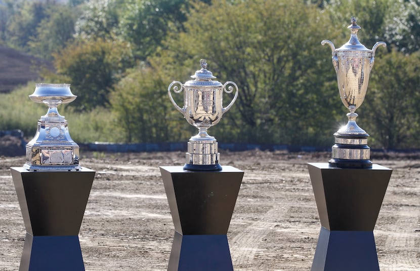 Trophies representing the KPMG Women's PGA Championship, the Rodman Wanamaker PGA...