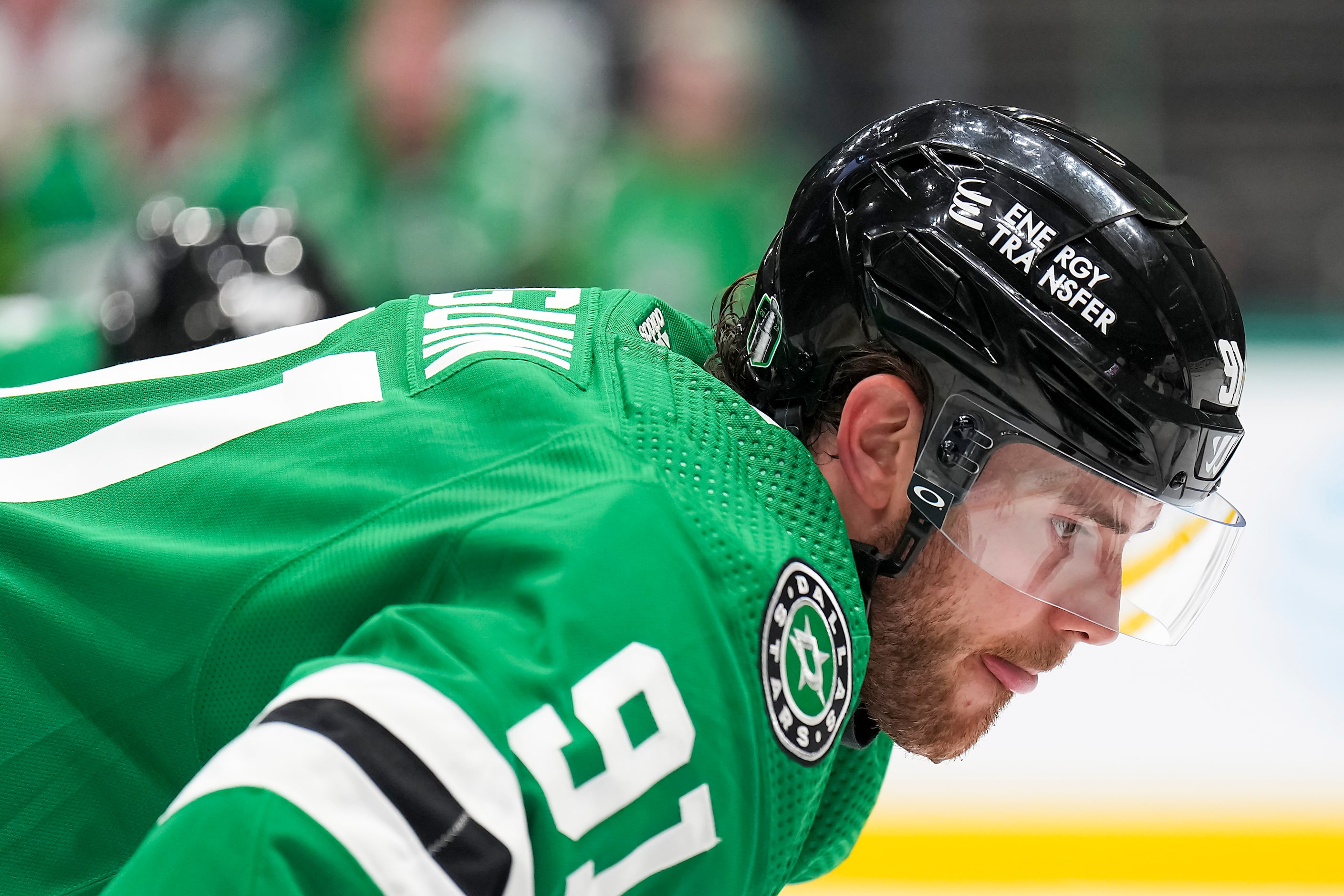 Dallas Stars center Tyler Seguin (91) lines up for a face off during the first period in...