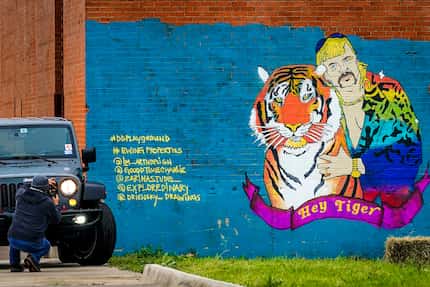 A mural on Riverfront Boulevard in Dallas celebrates "Tiger King."