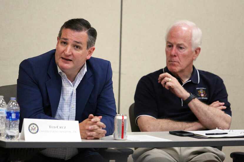 U.S. Sen. Ted Cruz, R-Texas, left, speaks while fellow Sen. John Cornyn R-Texas, listens as...