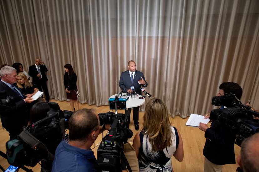 Newly inaugurated Dallas Mayor Eric Johnson answers questions from the media on June 17,...