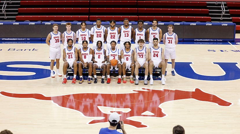 SMU players pose for a group photo during the media day for the men's basketball team,...