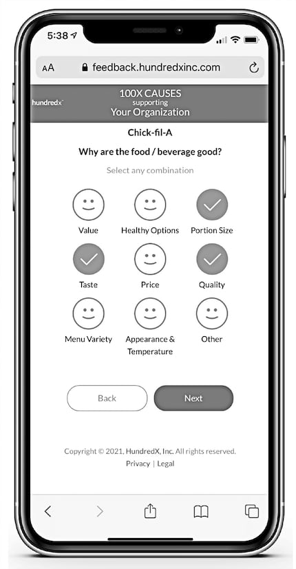 HundredX surveys are emoji-guided and take around a minute to complete.