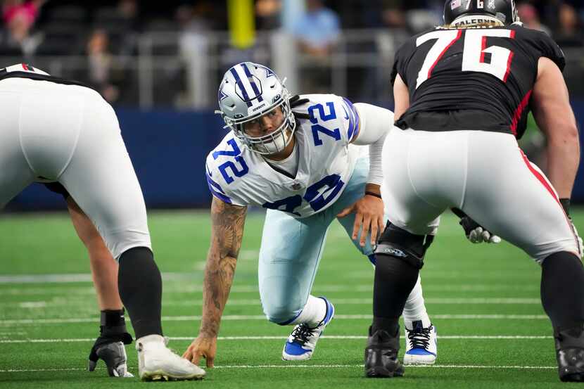 Dallas Cowboys defensive tackle Trysten Hill (72) lines up against Atlanta Falcons offensive...