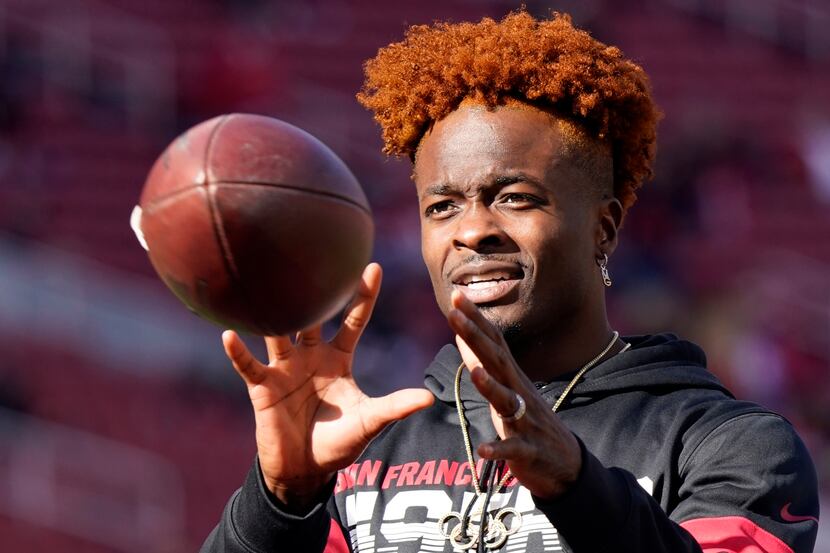 FILE - In this Jan. 11, 2020, file photo San Francisco 49ers wide receiver Marquise Goodwin...