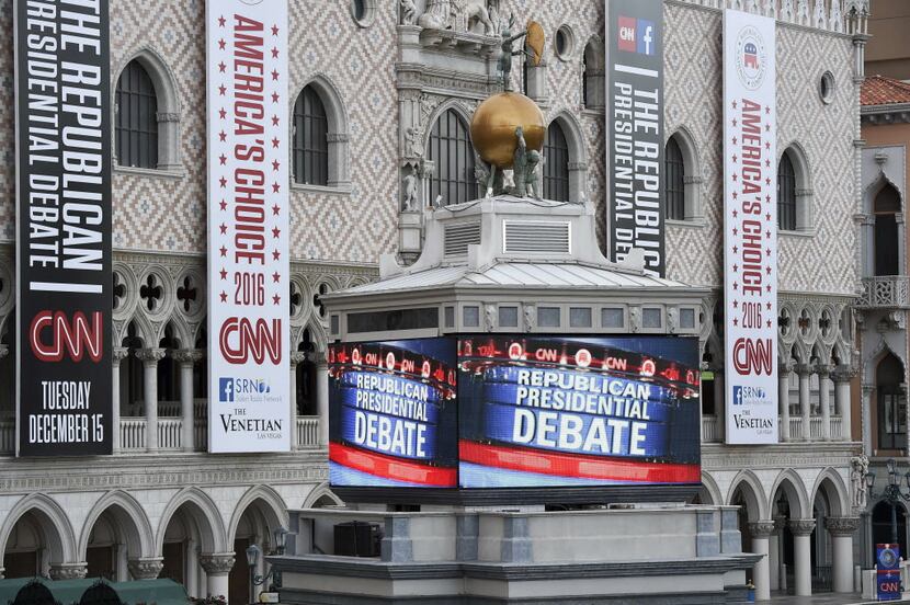 Signs outside the Venetian hotel on the Las Vegas Strip announce the upcoming Republican...
