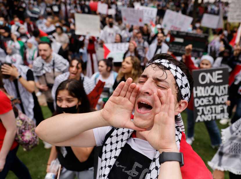 Demonstrators at Sunday's "Rise Up for Palestine" event rallied at Belo Garden on Dallas'...