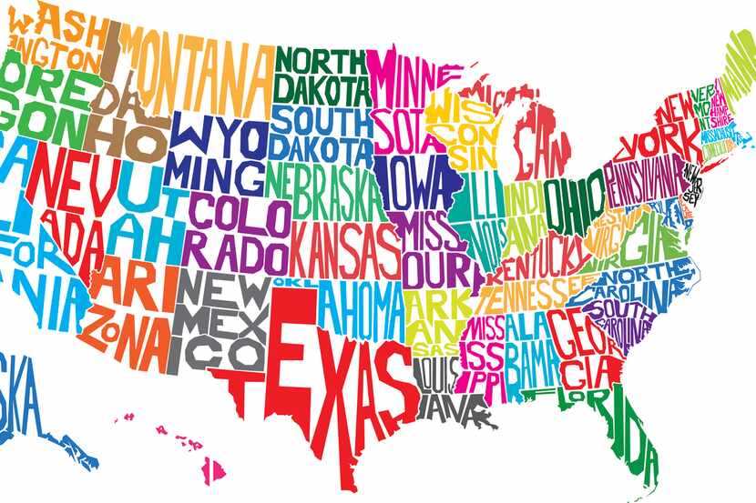 Vector illustration of a map of USA made from individual state names.