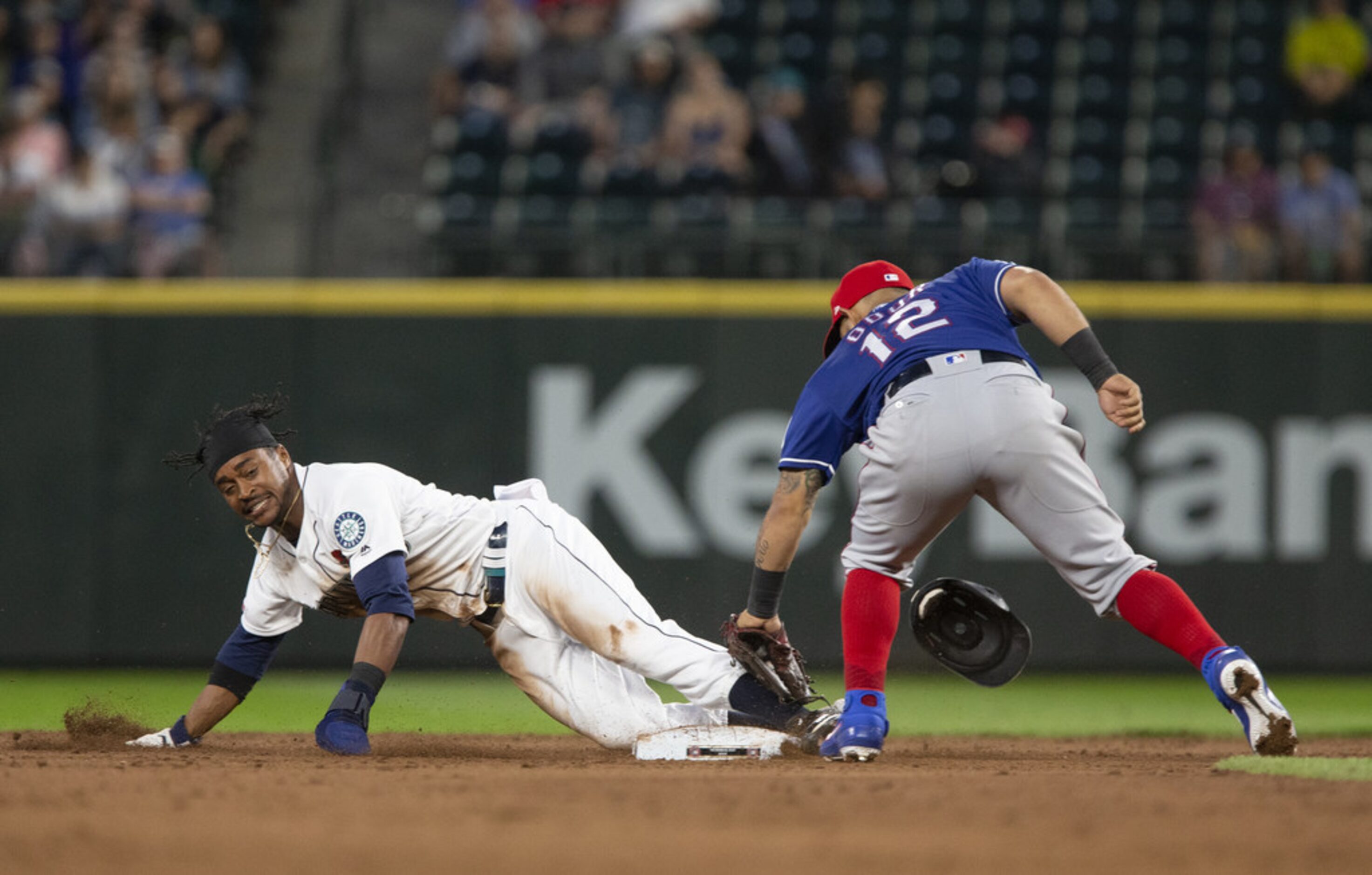 SEATTLE, WA - MAY 27:  Mallex Smith #0 of the Seattle Mariners safely steals second base...