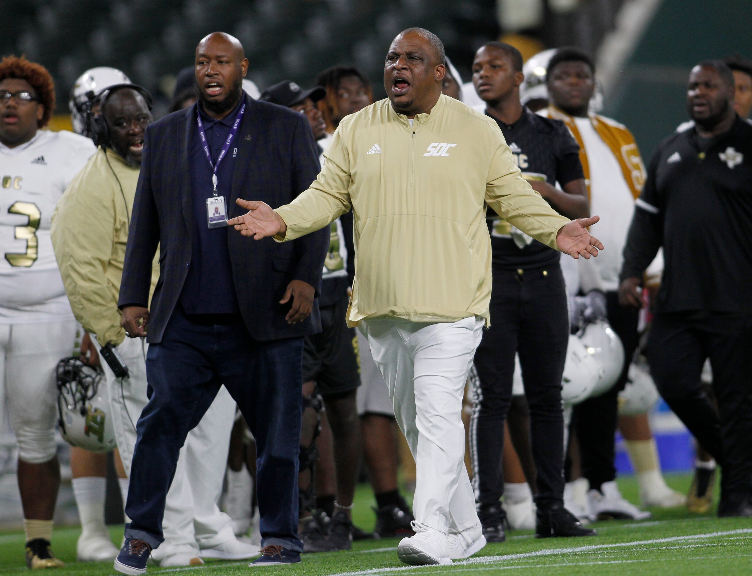 South Oak Cliff head coach Jason Todd argues a call from a game official during 2nd quarter...