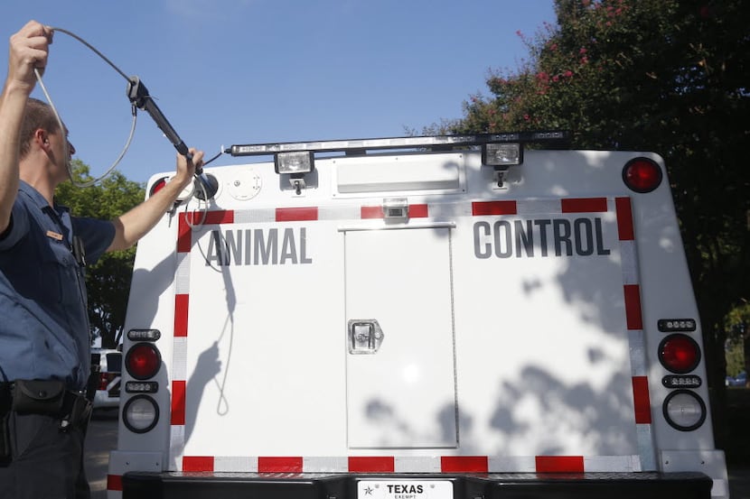 Addison Animal Control officer Ryan Wies takes a catch pole out of a storage area on their...