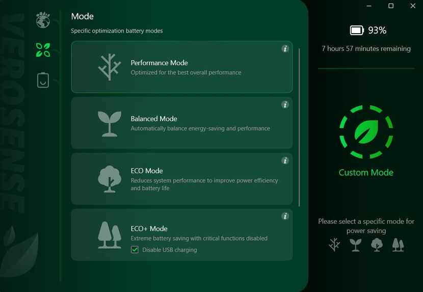 The VeroSense app lets the user choose from four Eco modes, some of which save a lot of energy.