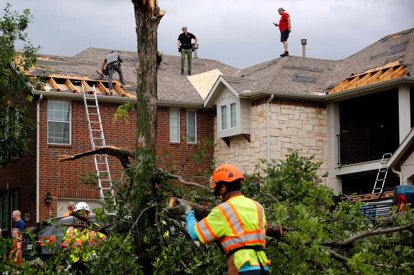 Oliver Drive in North Fort Worth was a hub of activity as crews covered damaged rooftops and...